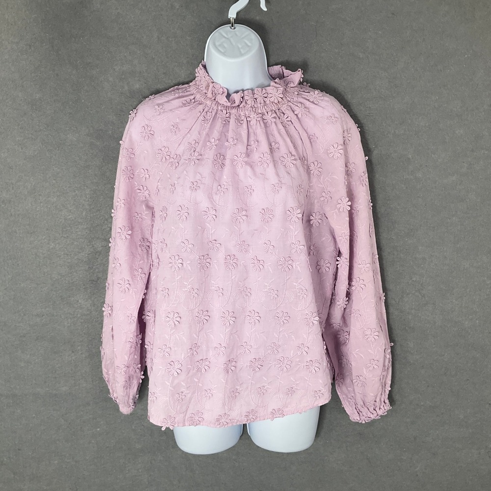 Ann Taylor Floral Embroidered Blouse Ruffle Neck Long Sleeve Top Romantic Sz S